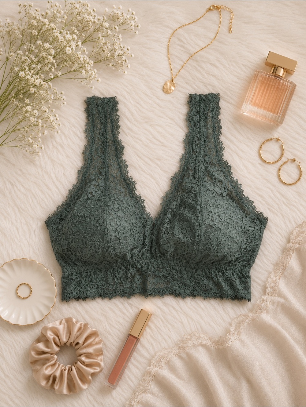 NWT Aerie Eyelash Lace Padded Plunge Bralette Sycamore Green Size Medium